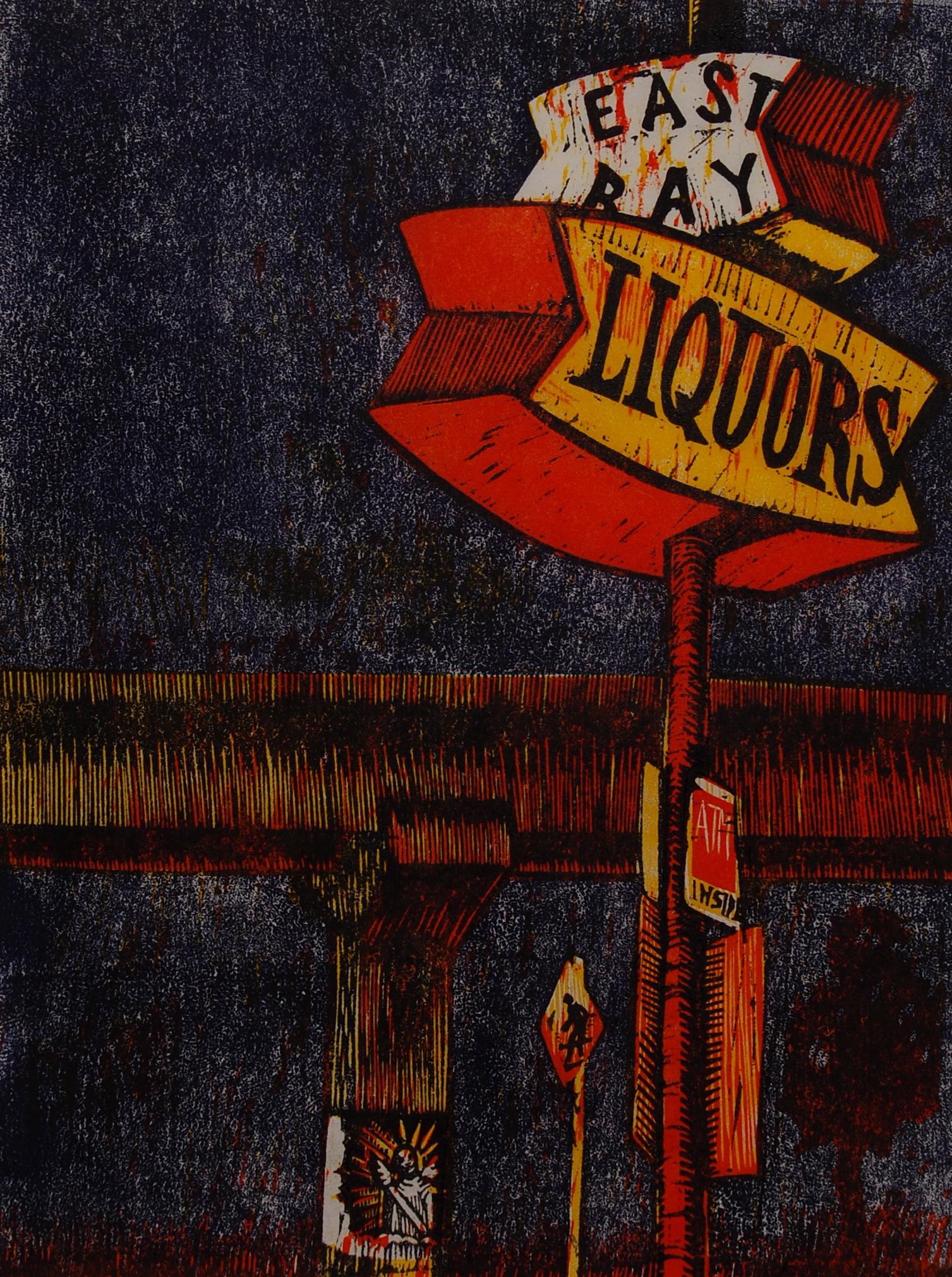 East Bay Liquors woodcut and linocut print 2008