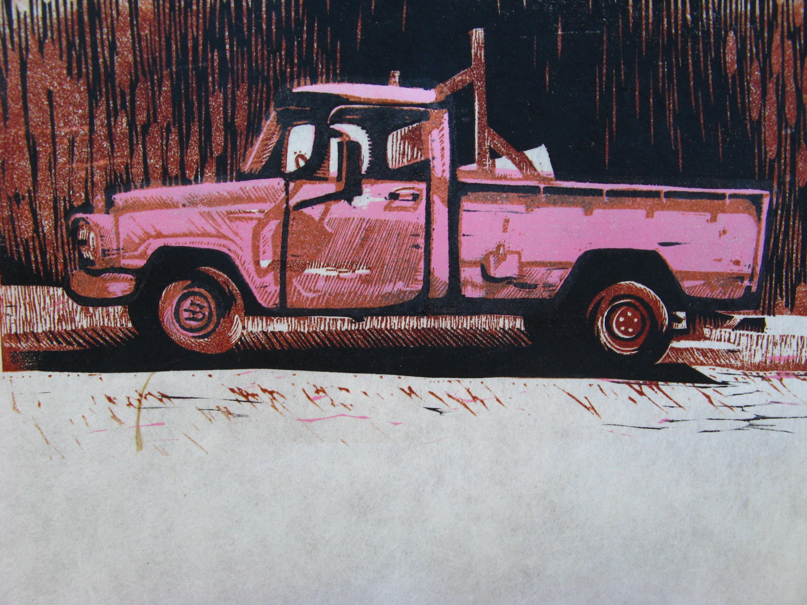 Pink Truck woodcut and linocut print 2010