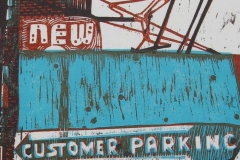 Customer Parking woodcut print 2009