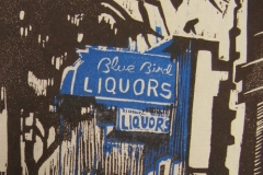 Blue Bird Liquors woodcut and linocut print 2010