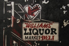 Williams Liquors woodcut print 2010