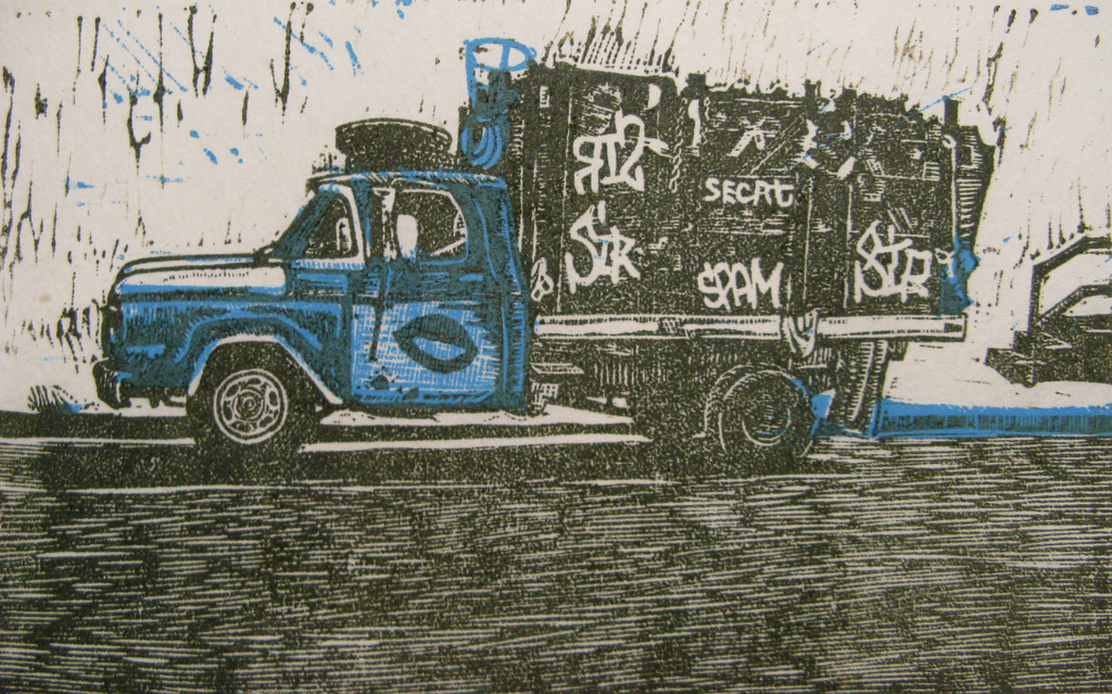 Blue Truck linocut print 2011