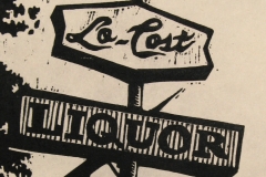 Lo-Cost Liquor woodcut print 2014
